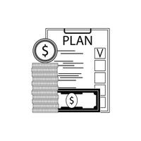 Finanzas plan concepto línea estilo. Lista de Verificación planificación y dinero monedas billete vector ilustración