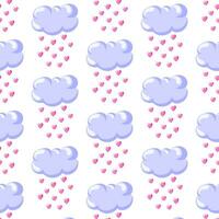 Clouds with falling hearts seamless pattern. Cartoon style. For kids fabric, wallpaper, print or backdrop. Vector illustration.
