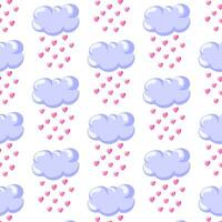 Clouds with falling hearts seamless pattern. Cartoon style. For kids fabric, wallpaper, print or backdrop. Vector illustration.