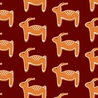 Gingerbread cookies seamless pattern in cartoon style. Winter baked goods in shape of reindeer. Vector illustration.