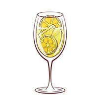 Hugo spritz cocktail with lime slice and ice cubes in line art cartoon style. Summer italian alcohol drink with liqueur, prosecco and sparkling soda water. Vector illustration isolated on a white