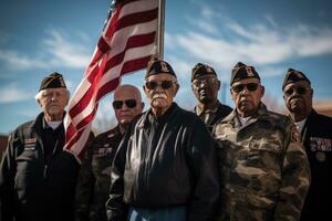 ai generado grupo de mayor personas con el americano bandera en el bosque, grupo de veteranos de diferente generaciones reunido alrededor un asta de bandera, ai generado foto