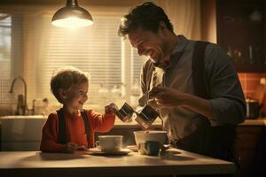 ai generado padre y hijo Bebiendo café en el cocina a hogar. contento familia, papá enseñando hijo a hacer un taza de té en madres día, ai generado foto