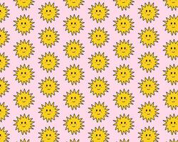 Cute seamless pattern of sun in doodle style. Funny smile faces. Vector illustration on a pink background.