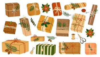 Navidad regalos en Kraft papel colocar. regalo cajas bricolaje rústico presente cajas en arte envoltorios con enroscarse arcos y sucursales, Navidad coronas, sobres plano vector ilustraciones aislado en blanco antecedentes