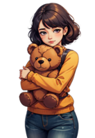 AI generated Girl Hugging Teddy Bear Cartoon Clip Art png