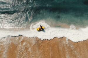 ai generado aéreo ver de hombre kayak en el playa. parte superior vista, un hombre sentado en el playa con un moto acuática en perth, occidental Australia, parte superior ver desde un zumbido, ai generado foto