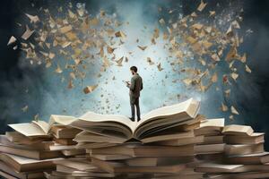 AI generated Businessman standing on top of a pile of books and reading a book, A man standing on an open book, Floating pieces of the book above him, Dyslexia concept, AI Generated photo