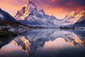 AI generated Fantastic mountain landscape with lake and snowcapped peaks at sunrise, A mountain lake with a perfect reflection at sunrise, A beautiful landscape with a purple sky, snowy mountains photo