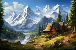 AI generated Beautiful mountain landscape with a wooden house in the mountains. Digital painting, Create a picturesque mountain scene with a log home on the side of a rugged mountain with snow photo