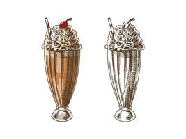 A hand-drawn colored and monochrome sketch of glass of chocolate milkshake. Vintage, doodle illustration. Element for the design of labels, packaging and postcards. vector