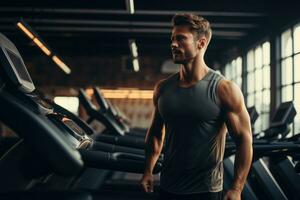 AI generated Handsome young man training on a treadmill in a modern gym, A man walking on a treadmill at the fitness gym club, AI Generated photo