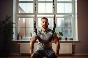 AI generated Athletic young man training with suspension straps at home, A man on a fitness exercise bike indoors, AI Generated photo