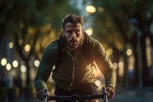 ai generado joven hombre montando un bicicleta en el ciudad a noche. sano estilo de vida concepto, un hombre en un aptitud ejercicio bicicleta adentro, ai generado foto