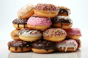 AI generated A stack of donuts with glaze and confectionery sprinkles on a white background. Generated by artificial intelligence photo