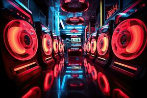 AI generated DJ console in the light of spotlights and neon lights. Music and nightlife photo