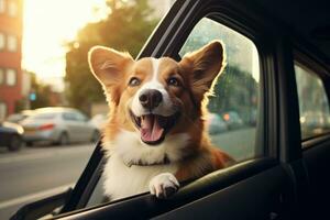 AI generated Cute corgi dog looking out of the car window and smiling, Cute happy dog looking out of car window, AI Generated photo