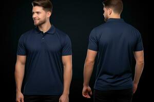 AI generated Blank polo t-shirt mockup, front and back view, A male model wearing a simple navy blue polo shirt on a white background, with front and back views, AI Generated photo