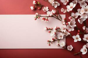 AI generated Blank sheet for congratulations with a sakura branch on red background. Congratulatory background photo