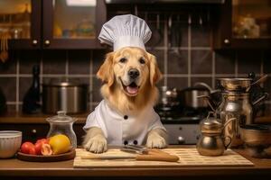 AI generated Cute golden retriever dog in chef hat and white uniform cooking in kitchen, Cute dog Golden retriever Chef with costume ready to cooking for dinner in kitchen room, AI Generated photo