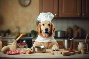 AI generated Cute golden retriever dog in chef hat and apron cooking in the kitchen, Cute dog Golden retriever Chef with costume ready to cooking for dinner in kitchen room, AI Generated photo