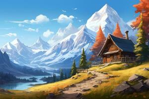 AI generated Wooden house on the background of mountains and lake. Digital painting, Create a picturesque mountain scene with a log home on the side of a rugged mountain with snow-capped peaks photo