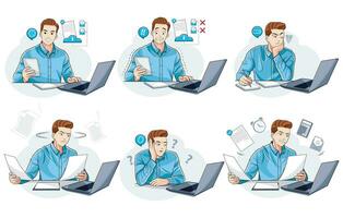 Business Concept Illustration. A collection of illustrations of scenes of young men stressed in front of laptops in business activities vector