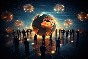 AI generated Global communication and networking concept as a group of business people silhouettes around a glowing earth globe, Communication technology for internet business, emphasizing photo
