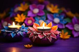 AI generated Beautiful diwali diya with burning candle on purple background, Colorful clay diya lamps with flowers on purple background, AI Generated photo