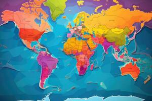 ai generado mapa de el mundo con fronteras en sombras de naranja y púrpura, de colores mundo mapa presentando político mapas, vibrante mundo países, y regiones, ai generado foto