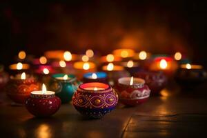 AI generated Indian festival Diwali, Diya oil lamps lit on colorful rangoli. Hindu traditional. Selective focus, Colorful clay diya lamps lit during diwali celebration with copy space, AI Generated photo