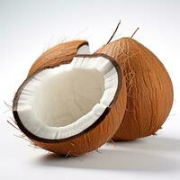 AI generated Halves of a coconut on a white background. Generated by artificial intelligence photo