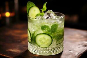 ai generado Pepino mojito cóctel en un vaso con hielo y menta, cóctel con Pepino y hielo en el bar mostrador en un restaurante, pub, ai generado foto