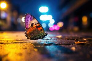 ai generado mariposa en el calle a noche en bangkok, tailandia, vistoso mariposa en el acera de un ocupado calle a noche, capturado mediante macro fotografía, ai generado foto