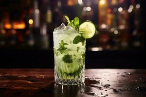 ai generado mojito cóctel en bar mostrador con borroso antecedentes. cerca arriba, cóctel con Pepino y hielo en el bar mostrador en un restaurante, pub, ai generado foto