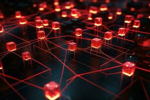 AI generated 3D rendering of a network of red cubes on a dark background, Close-up of a red glowing blockchain network with interconnected blocks and data fields, AI Generated photo