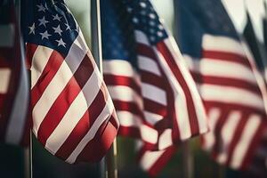 AI generated Closeup of American flags in a row in a shop window, Closeup of an American flag in a row, Memorial day, Independence day, AI Generated photo