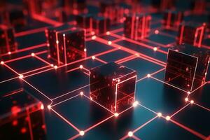 AI generated 3D rendering of a network of black servers with red neon lights, Close-up of a red glowing blockchain network with interconnected blocks and data fields, featuring, AI Generated photo