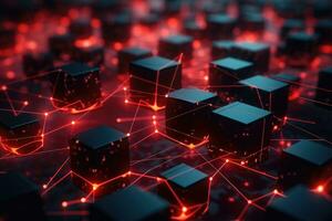 AI generated Abstract 3d render of cubes with network connection. Technology concept, Close-up of a red glowing blockchain network with interconnected blocks and data fields, featuring, AI Generated photo