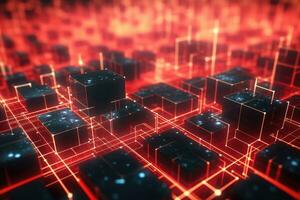 AI generated 3d rendering of abstract technology background with black cubes and glowing lines, Close-up of a red glowing blockchain network with interconnected blocks and data fields, featuring photo