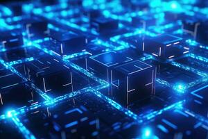 AI generated Abstract technological background with glowing cubes and lines. 3D Rendering, Close up view of beautiful fir branches with shiny golden bauble or ball, AI Generated photo