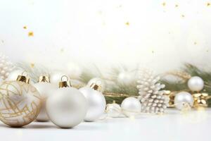 AI generated Christmas background with white christmas baubles on a white background, Christmas white background with christmas balls and decoration, AI Generated photo