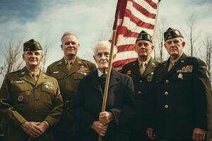 ai generado no identificado veteranos de el genial patriótico guerra. victoria día en genial patriótico guerra, grupo de veteranos de diferente generaciones reunido alrededor un asta de bandera, ai generado foto