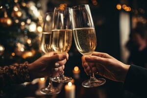 AI generated Close-up of two hands holding glasses of champagne at Christmas party, Close up of people toasting with christmas champagne glasses, AI Generated photo