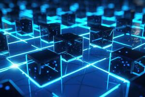 AI generated 3d rendering of cubes with blue neon light on a dark background, Close up view of beautiful fir branches with shiny golden bauble or ball, AI Generated photo