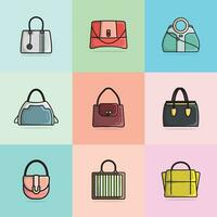 Collection of 9 Women Fashion Clutch Leather Purses or Bags vector illustration. Beauty fashion objects icon concept. Set of modern evening handbags vector design.