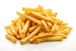 AI generated French fries are stacked in a pile on a white background. Generated by artificial intelligence photo