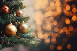AI generated Christmas tree with gold baubles on bokeh background, Christmas Tree With Baubles And Blurred Shiny Lights, AI Generated photo