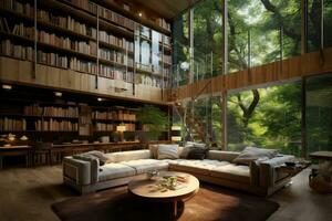 AI generated Interior of a modern living room with a bookcase and a sofa, A beautifully designed home library, AI Generated photo