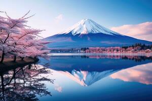 AI generated Mount Fuji and Cherry Blossom at Kawaguchiko lake in Japan, A beautiful scenic landscape of Mount Fuji or Fujisan with reflection on Shoji Lake at dawn, with a twilight sky, AI Generated photo